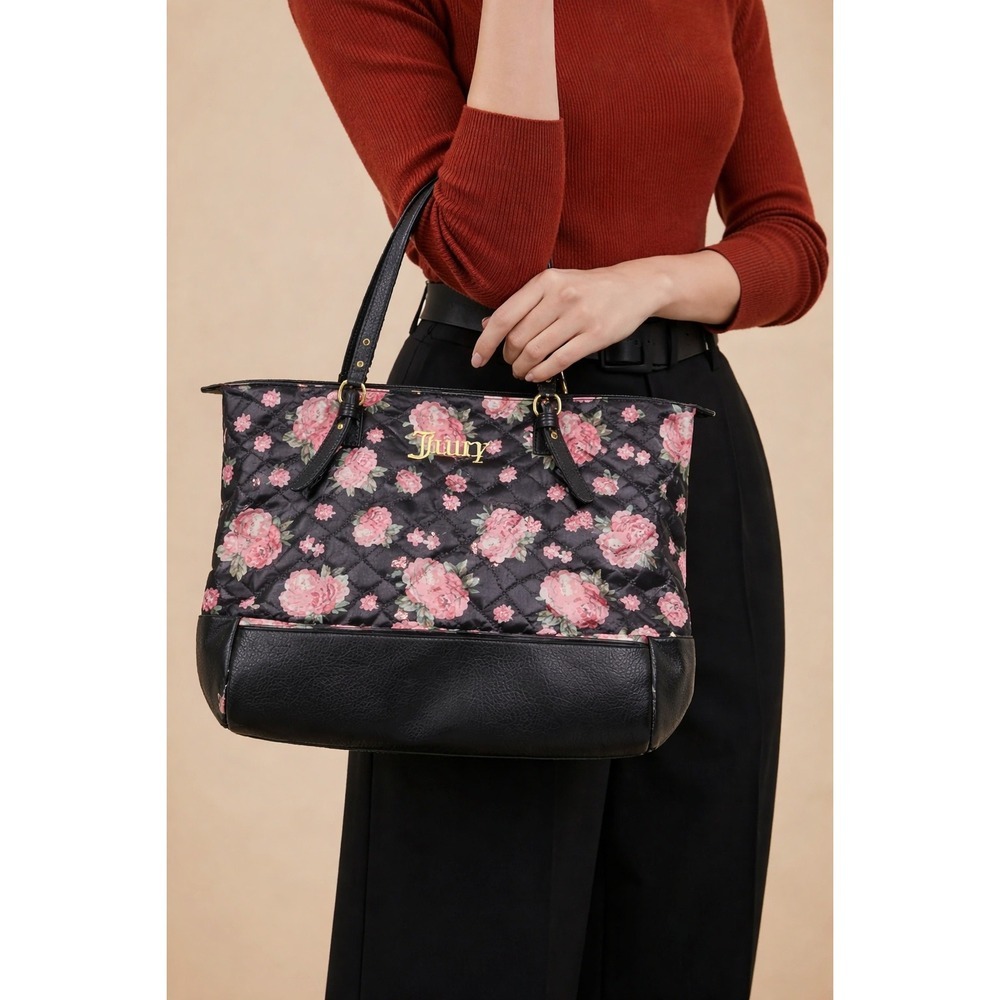 Juicy Couture Y2K  Black Floral Print Tote Bag Gold Logo Quilted Faux Leather